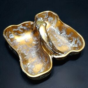 MCM Stangl Handled Divided Granada Gold Light Turquoise Blue Pottery Bowl #3782